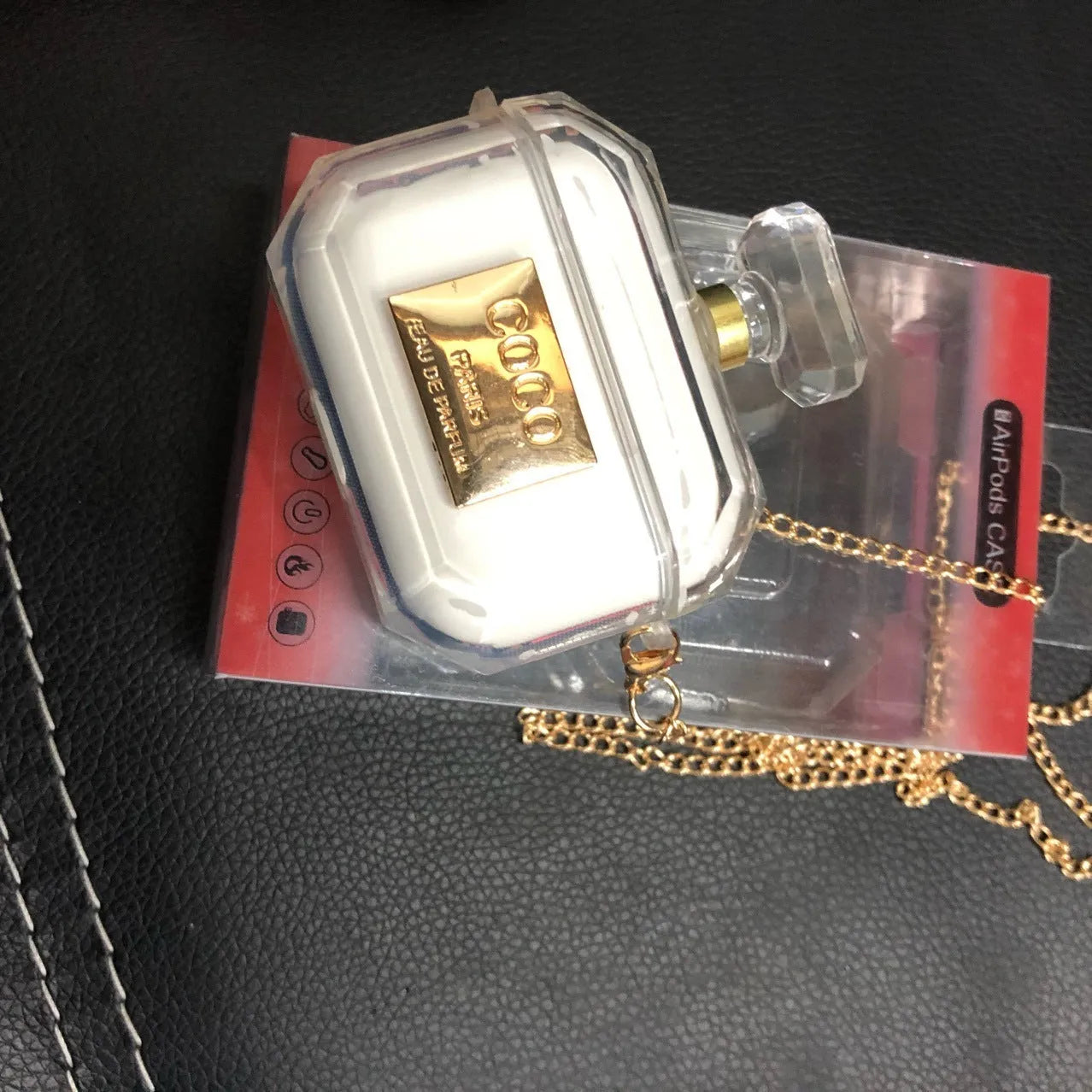 White perfume bottle style silicone protective case for Apple AirPods Pro, AirPods 3 and AirPods 2 wireless charging box.