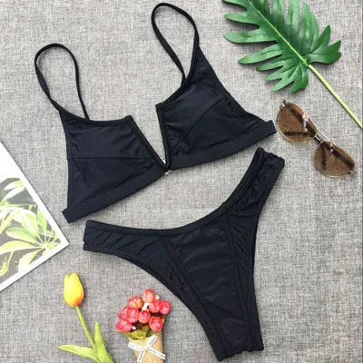 Multi-Color optional bikini swimsuit with strip steel belt and chest pad, available in 15 colours, solid colour open back design