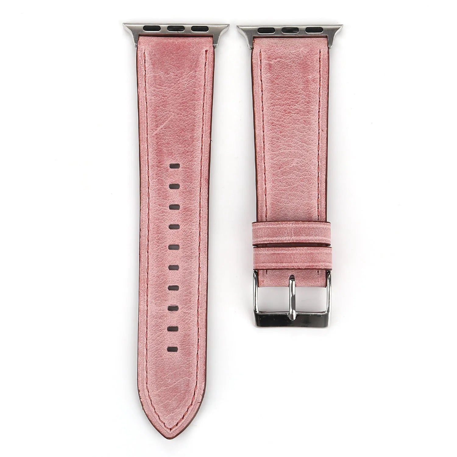 Blue leather watch strap with a silver folding buckle on a 42mm width watch case.