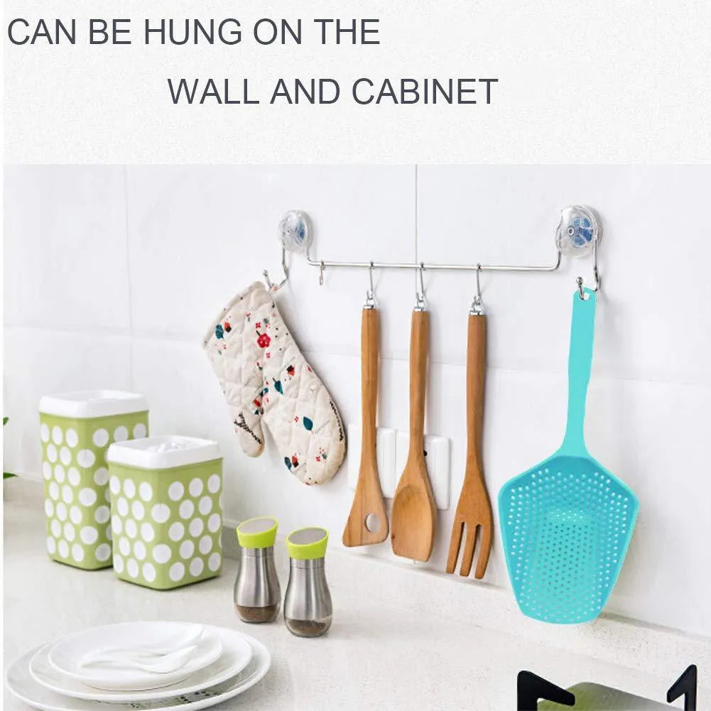 Large black nylon kitchen scoop colander strainer with 19cm diameter for draining food.