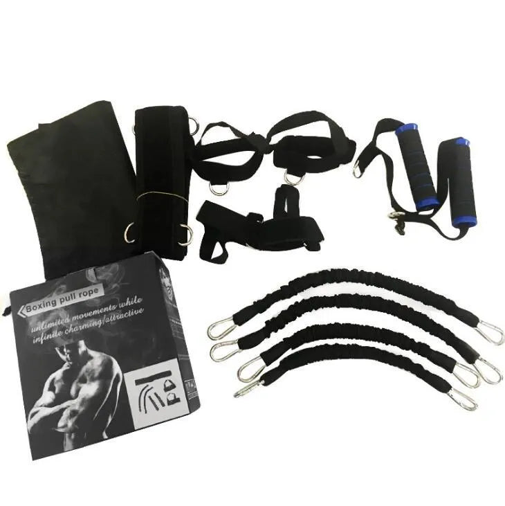 Boxing training belt set with 30LBS pull tubes, black waist belt, and straps on floor