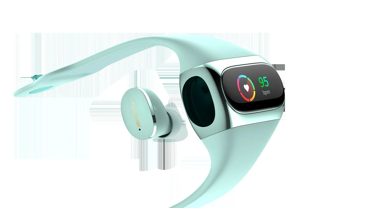 2 in 1 wireless earphone bracelet in black with silicone band and earbuds on wrist