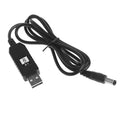 Black USB to 12V step-up converter cable with 2.1x5.5mm plug and USB A male connector, 1 metre length on white background