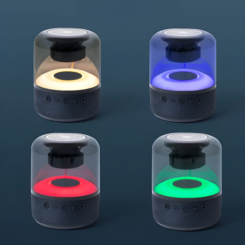 Four-colour light touch wireless Bluetooth speaker showing halo effect and control buttons.