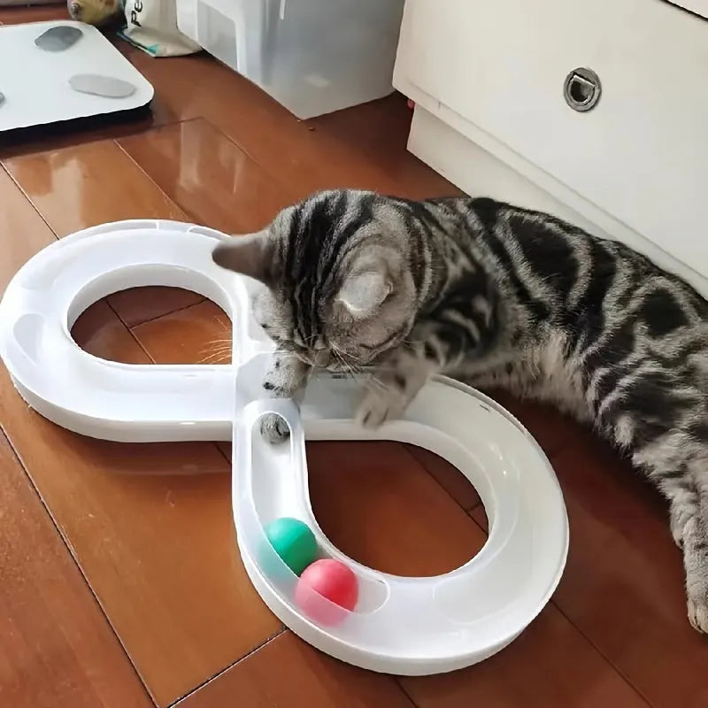 Blue and white cat turntable track ball toy with rotating stick for indoor feline play
