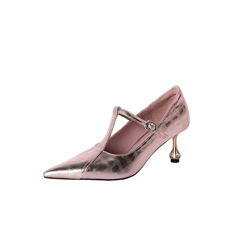 Women's genuine leather high heel shoes with chunky heel and pointed toe design