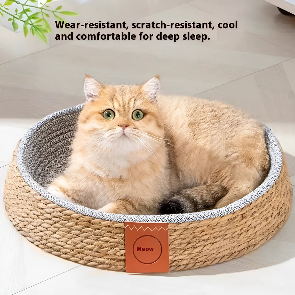 Natural rattan cat bed nest shown in a small size, suitable for a domestic cat.