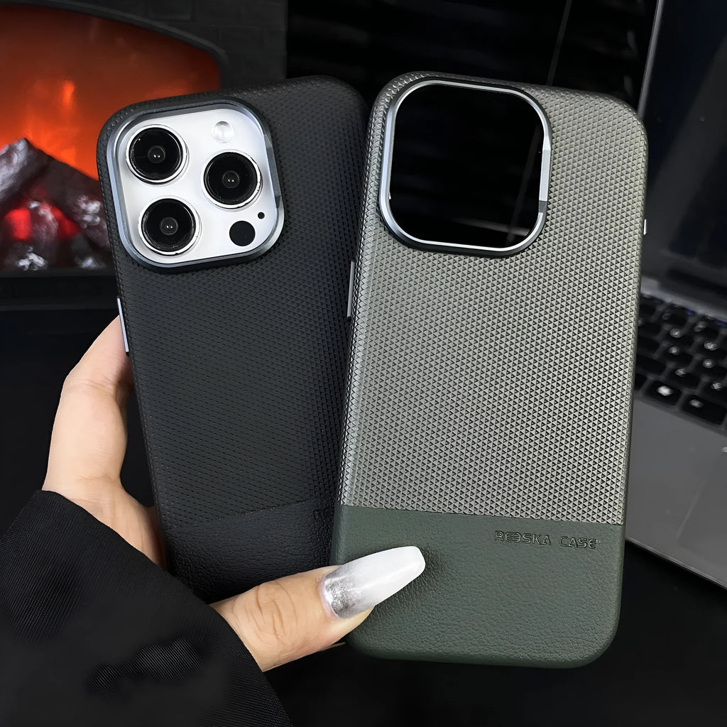 Black magnetic iPhone case with dragon scale texture and stitching, shown on an iPhone.