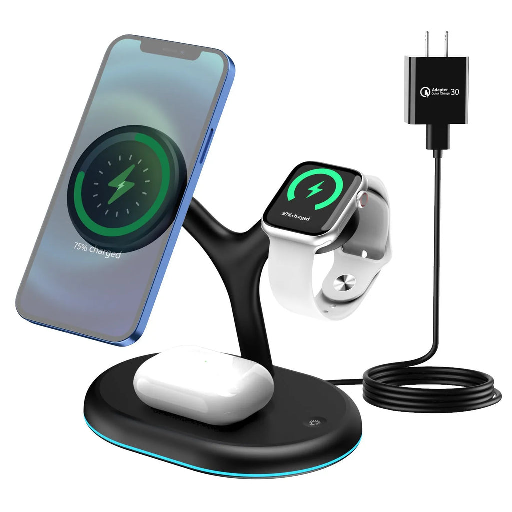 Black three-in-one magnetic wireless charger for iPhone and AirPods showing charging pad and magnetic ring.