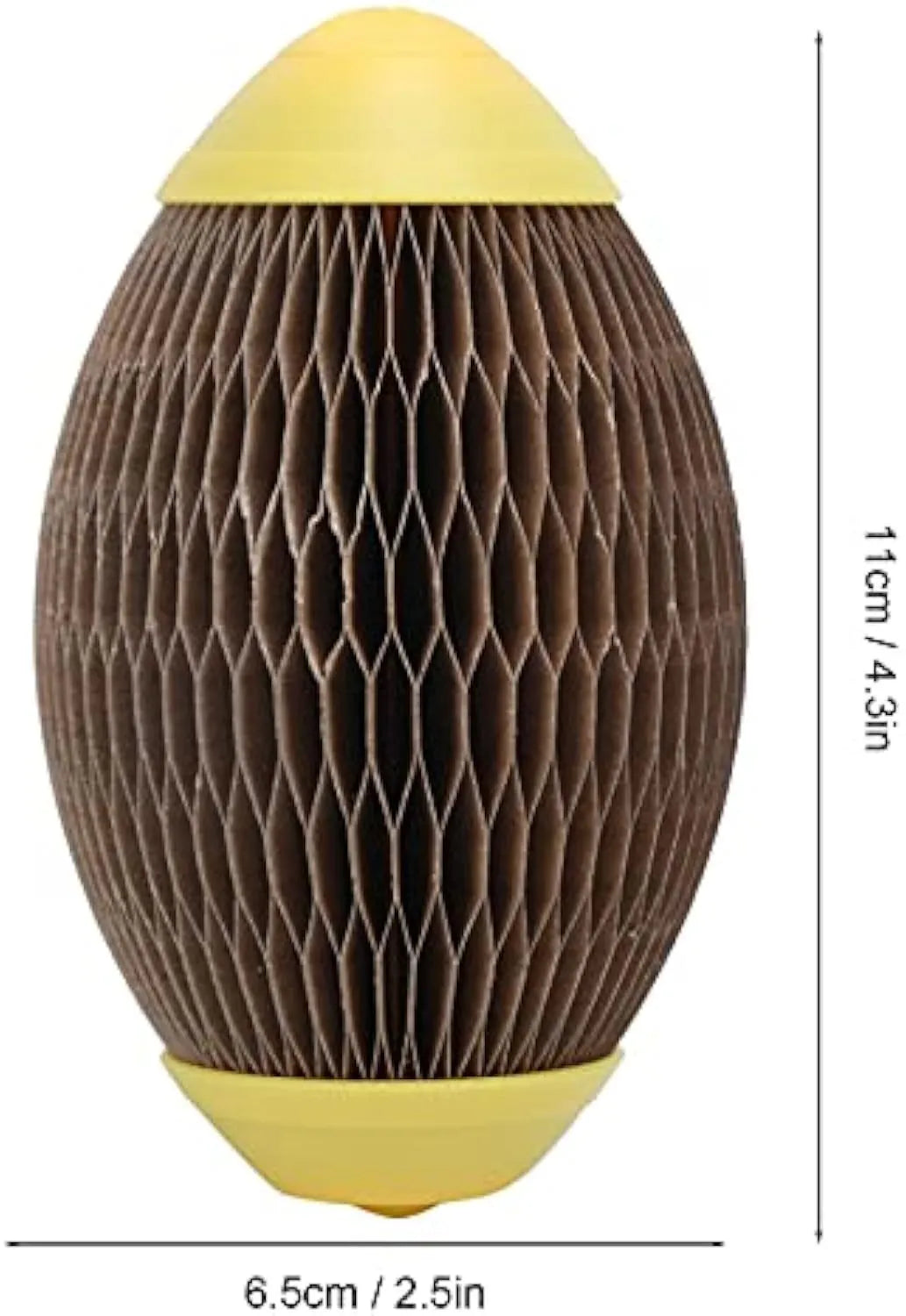 Elliptical corrugated paper catnip ball toy for scratching and play, measuring 65mm by 108mm