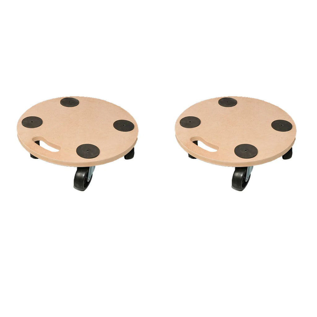 Two natural wood mobile carts with flat platforms and non-slip surfaces for moving heavy items