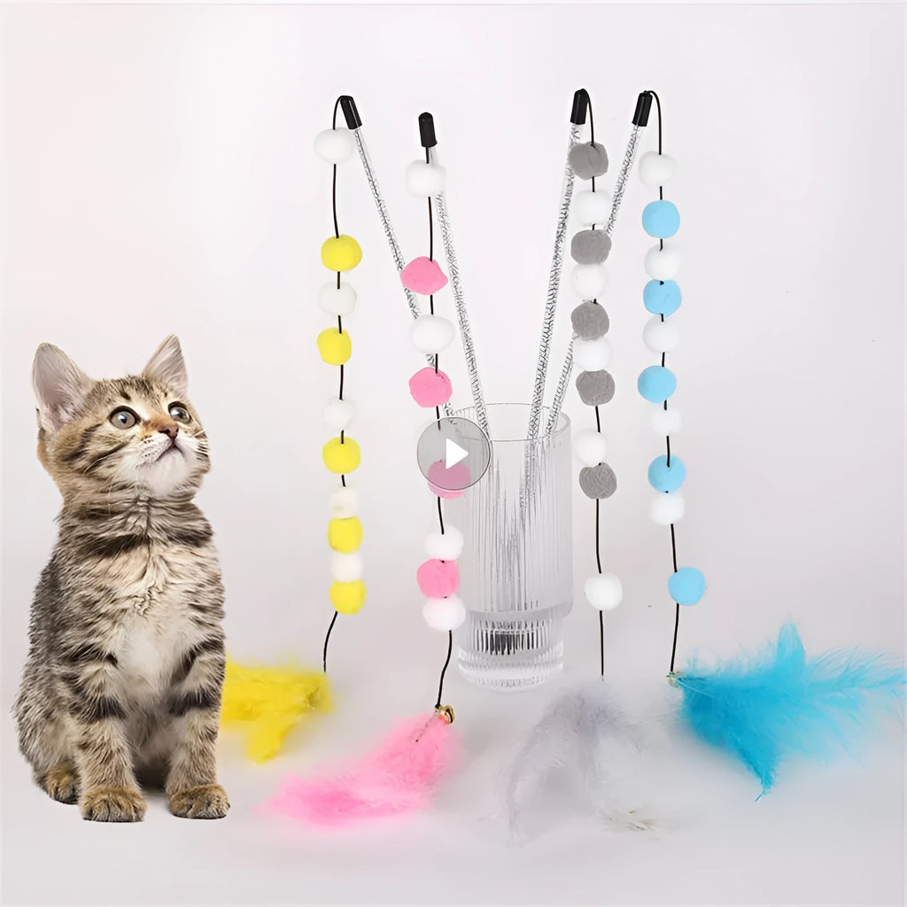 31cm acrylic cat teaser stick with contrast pompon feathers and bell in blue, grey, pink or yellow