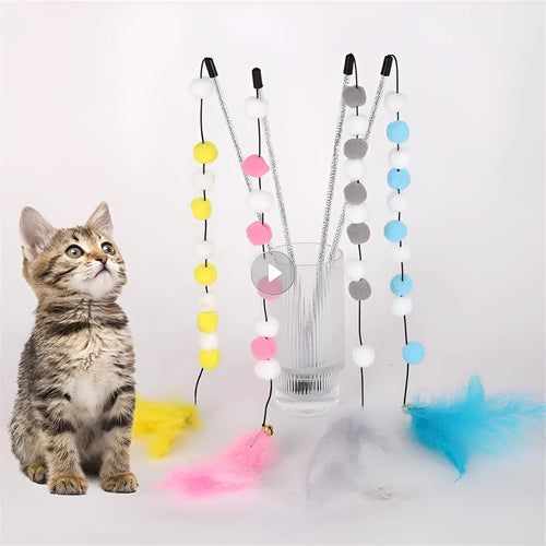 31cm acrylic cat teaser stick with contrast pompon feathers and bell in blue, grey, pink or yellow