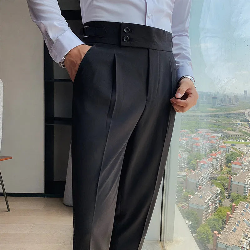 Men's straight-leg casual trousers in solid colours including black, gray, and khaki.