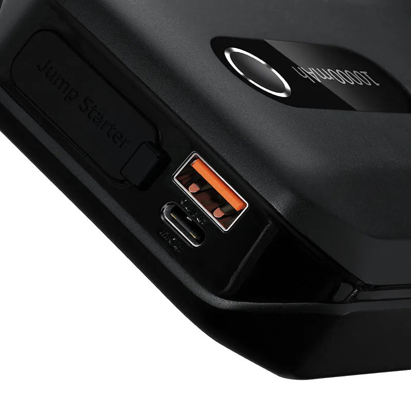 Black 10000mAh vehicle mounted emergency lighter jump starter with Type-C input and USB output
