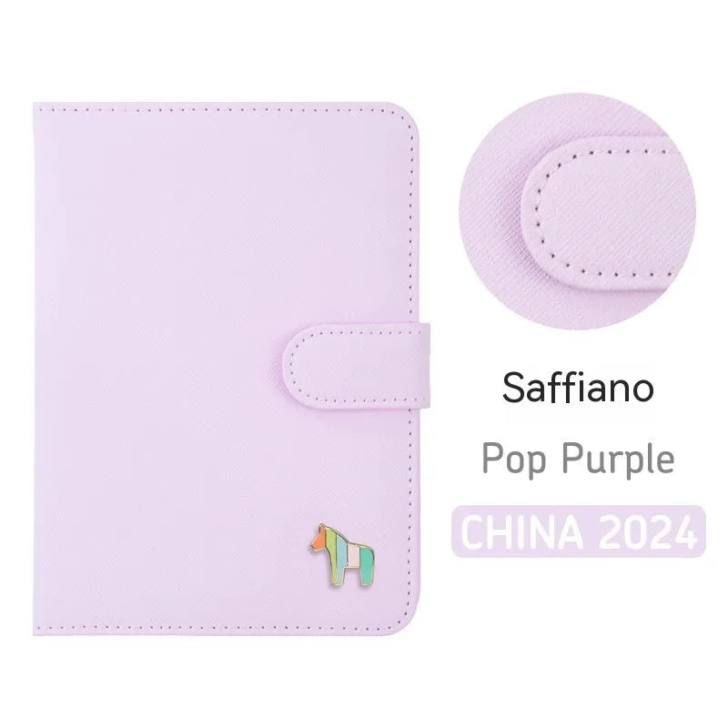 Leather schedule book showing 164x120mm dimensions with 396-day account pages and multiple colour options