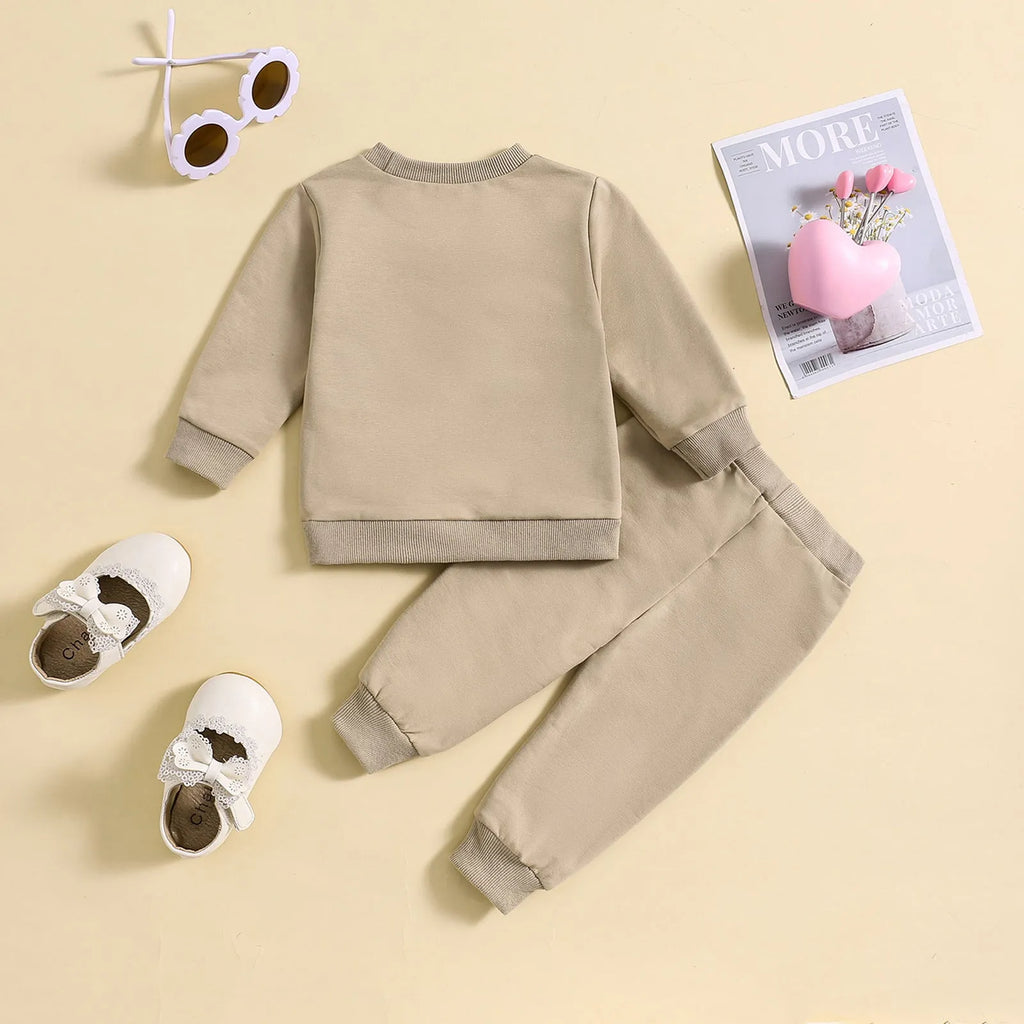 Boys and girls spring autumn cotton suit in apricot with cartoon print and letter design, top and trousers set for 70-110cm height