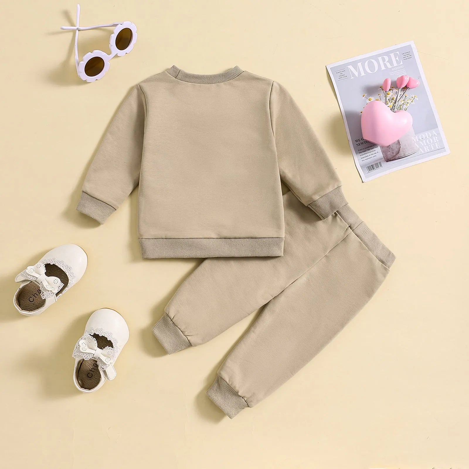 Boys and girls spring autumn cotton suit in apricot with cartoon print and letter design, top and trousers set for 70-110cm height
