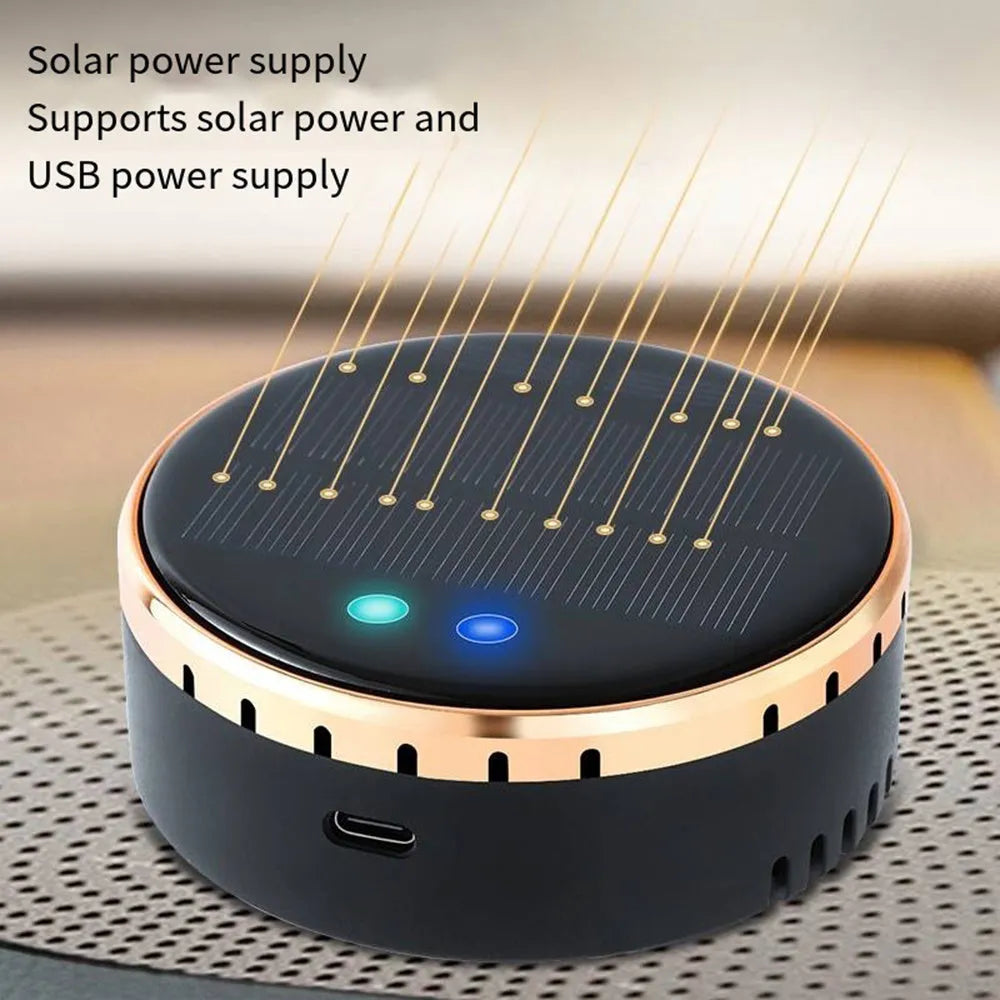 Car mounted solar air humidifier with solar panel, black colour, on vehicle vent