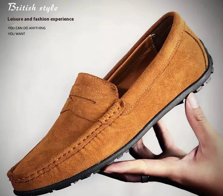 Men's brown suede Gommino loafers with round toe and flat rubber sole, plus size