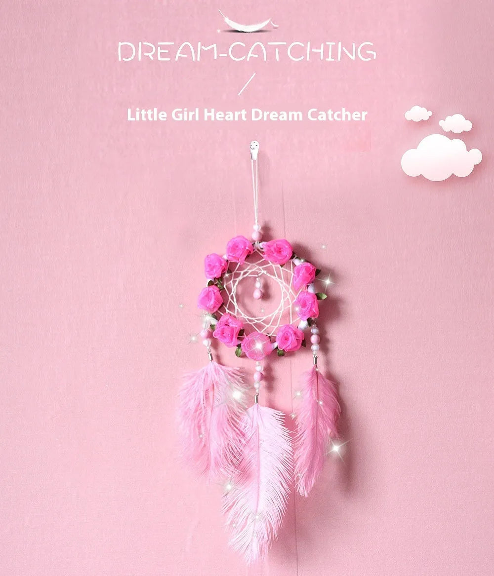 Pink dreamcatcher wind chime wall ornament with ostrich feathers, 10cm diameter