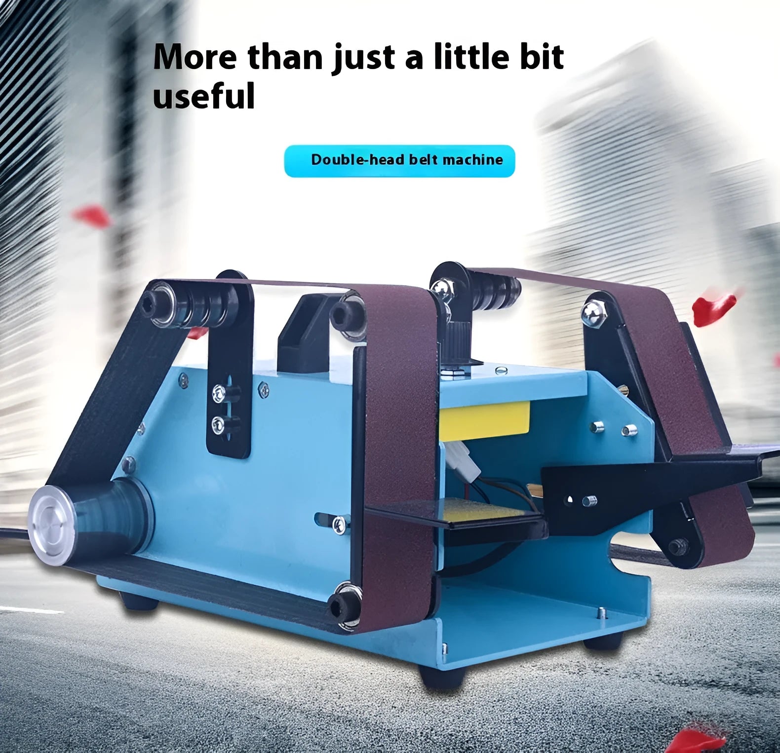 Blue desktop dual-axis belt sander with a 40x680mm abrasive belt, variable speed control, and compact design.