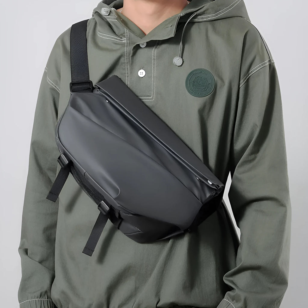 Grey PU crossbody bag for men with zippered main compartment and single shoulder strap