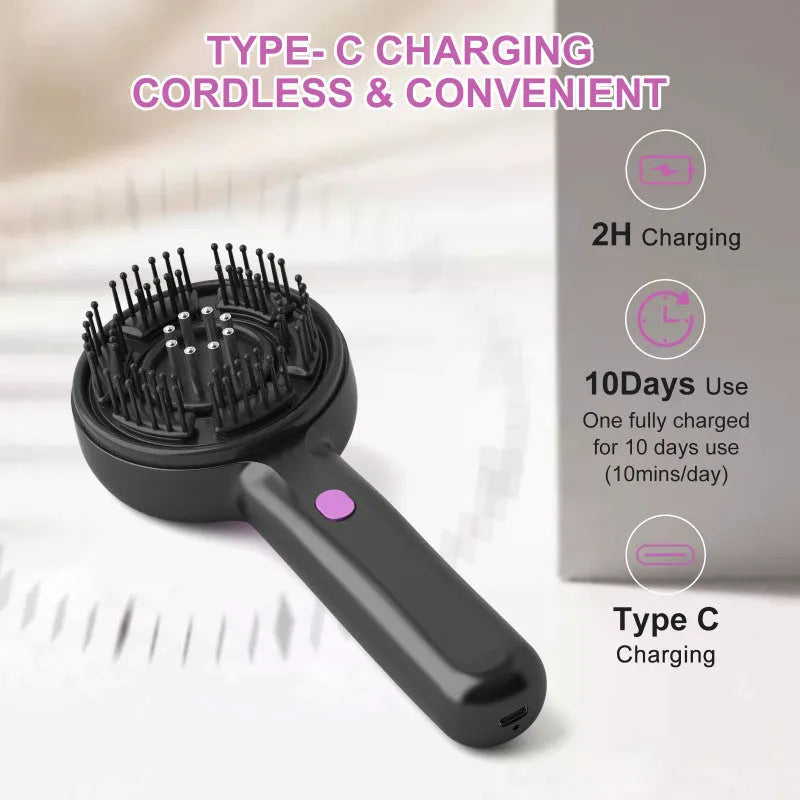 USB-powered anti-leak head massager comb in grey, showing the vibration head and mechanical speed control switch.