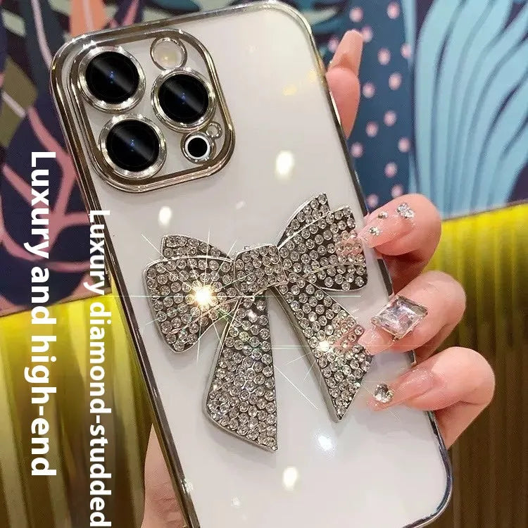 Electroplating diamond bow phone case with lens protector for iPhone in pink and silver TPU finish