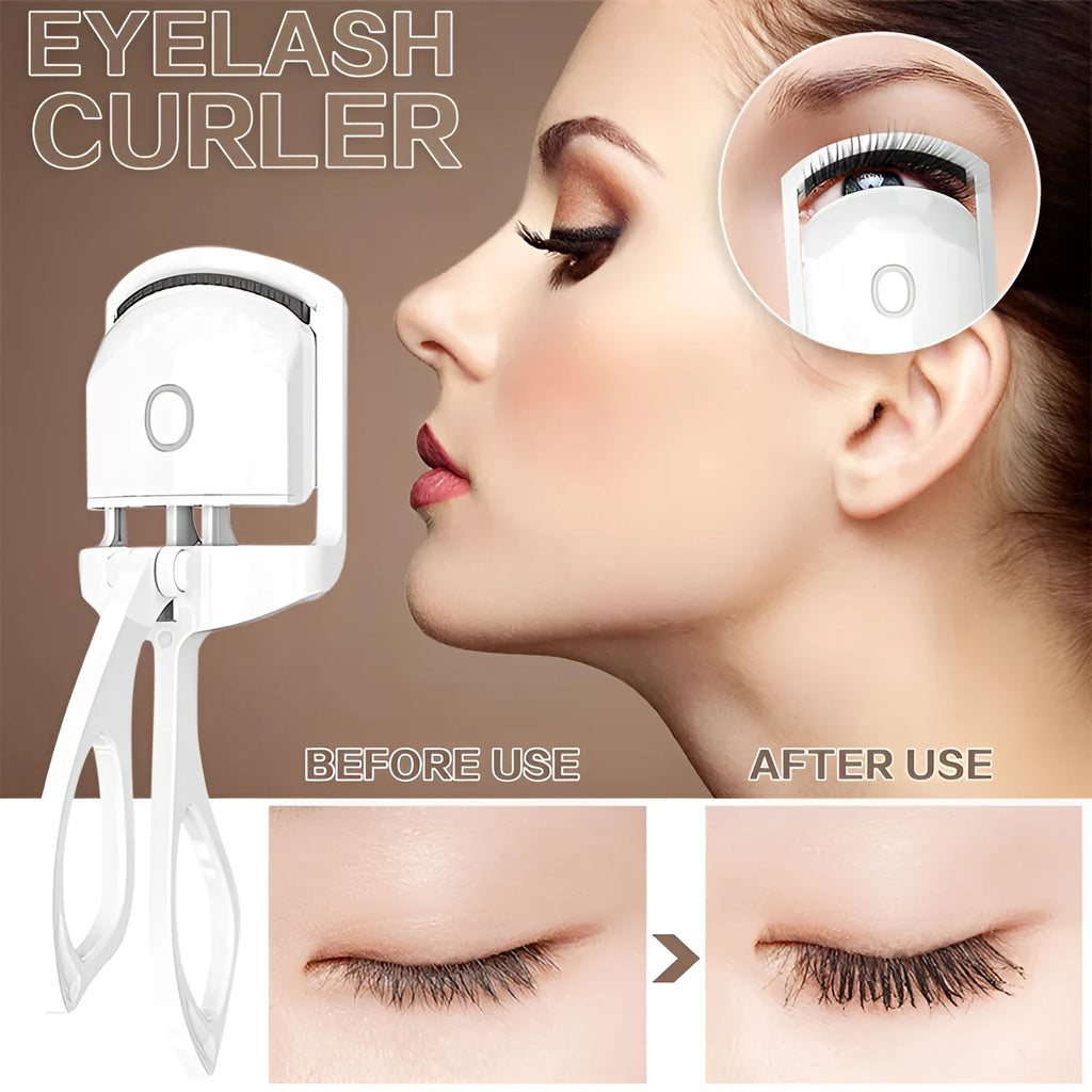 White and pink USB rechargeable heated eyelash curler with dual temperature settings.