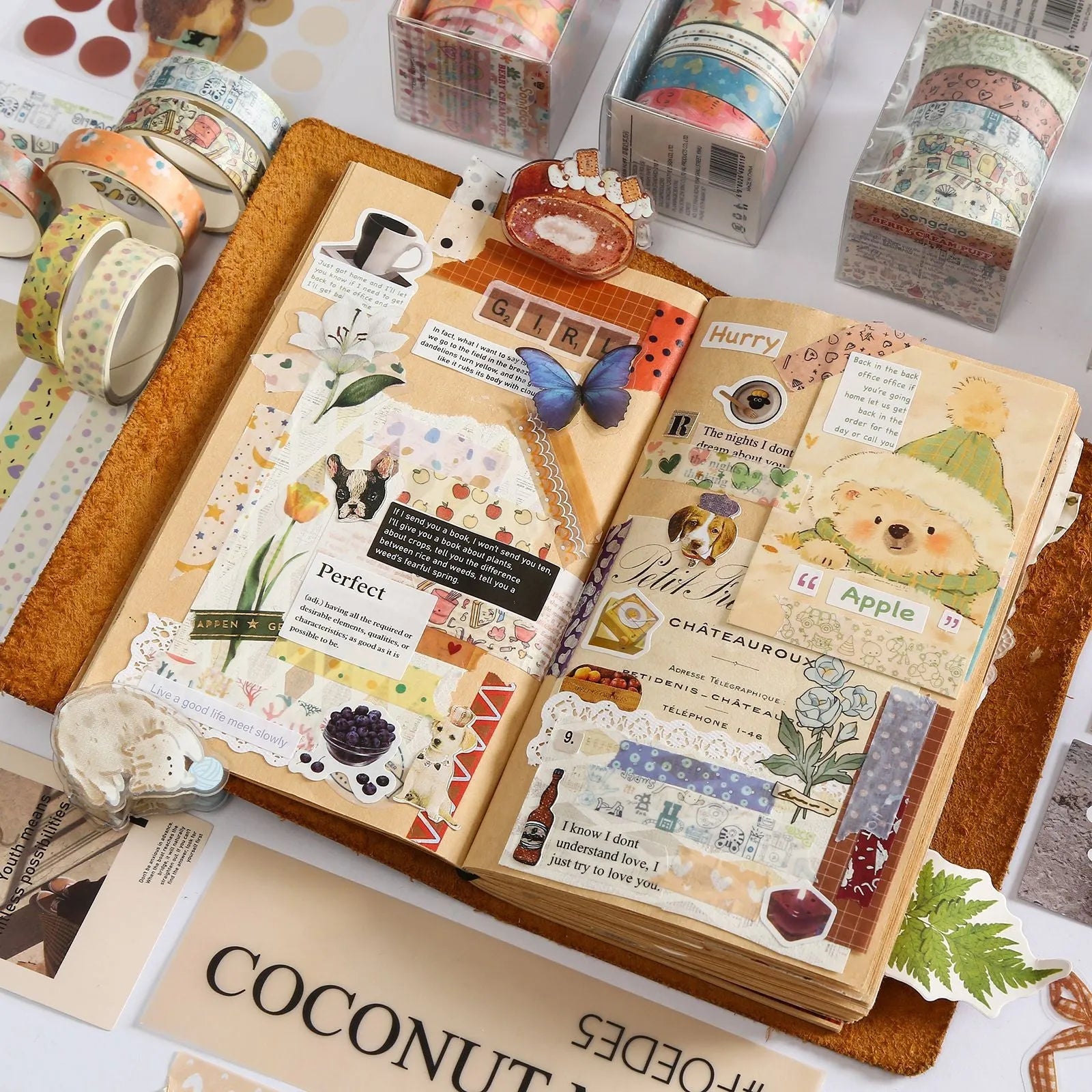 Twelve floral collage diary stickers in Korean Ins style on Japanese paper with strawberry milk designs, each 5.2 x 4 cm