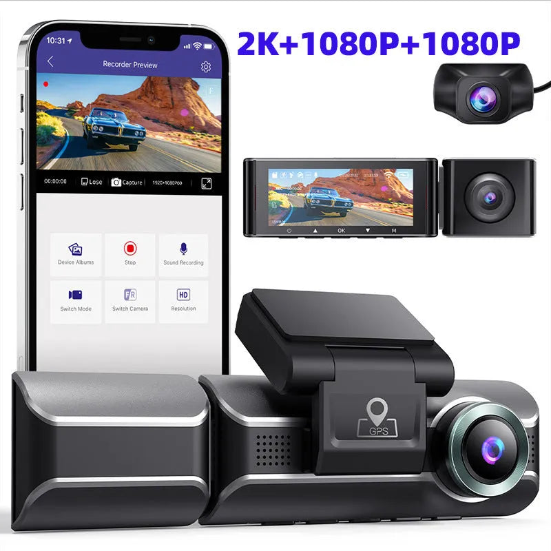 2K driving recorder dash cam with front and rear lenses, 3-inch screen, and car mounting bracket
