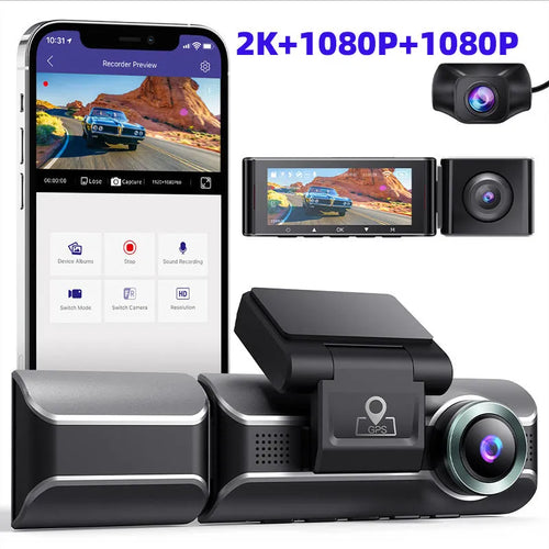 2K driving recorder dash cam with front and rear lenses, 3-inch screen, and car mounting bracket