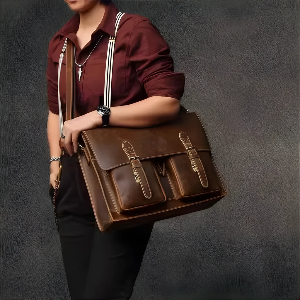 Cowhide leather crossbody computer bag in black coffee colour with anti-theft features and business design