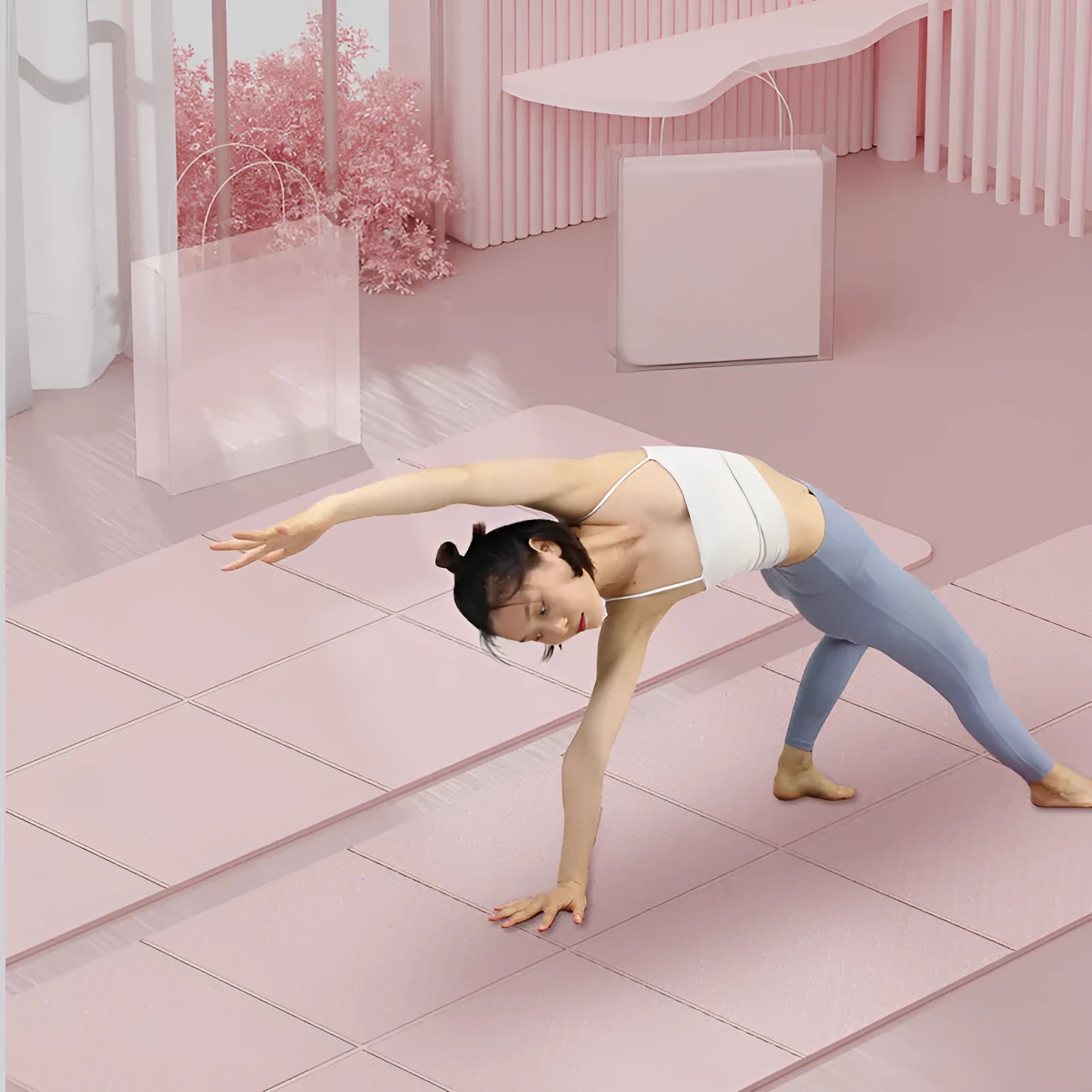 Blue foldable TPE gymnastic mat unfolded on floor showing non-slip texture and dimensions.