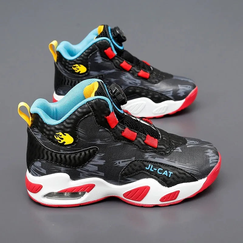 Children's rotating button running shoes in black with a cushion basketball design on a white PU sole.