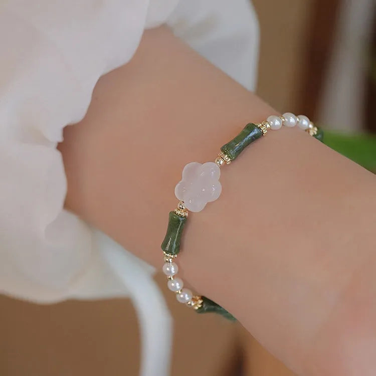 Chinese style antique bamboo joint bracelet with 4mm copper shell pearls and Hetian jade accents