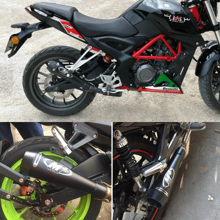 Universal M4 motorcycle exhaust pipe in multiple finishes including black steel and titanium colour