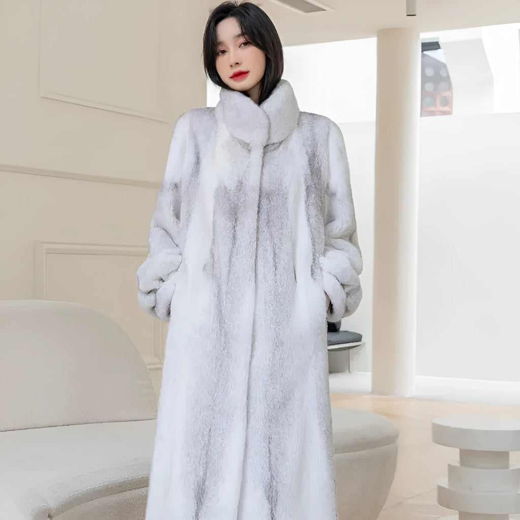 White women's faux fur coat with stand-up collar, 80 cm length, regular sleeves