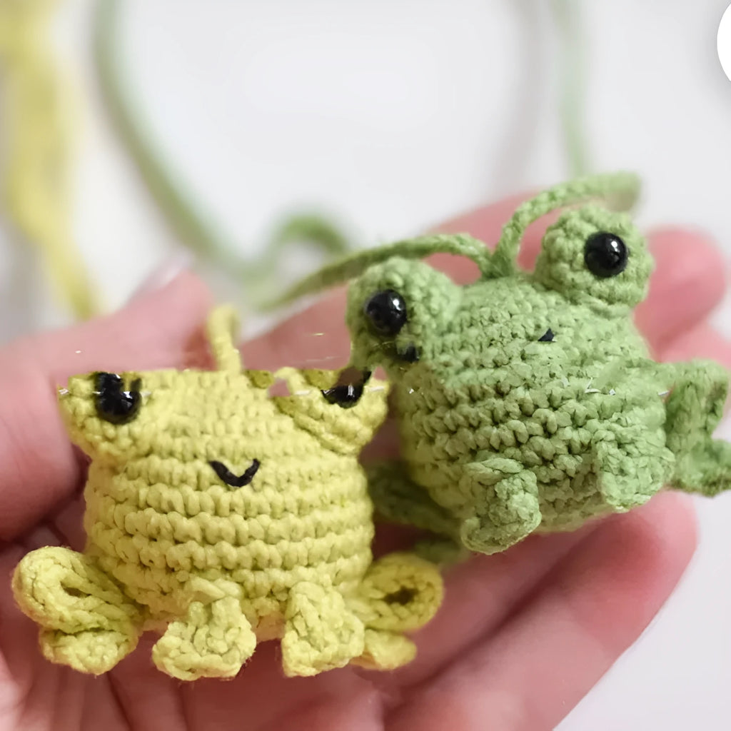 Handmade woven frog car pendant in plush material with cartoon design