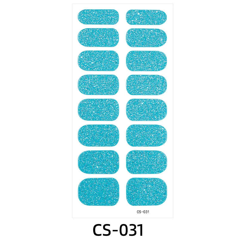 Assorted nail sticker designs including cartoon, love heart, and starry sky patterns on bare clip-on nails with a nail file