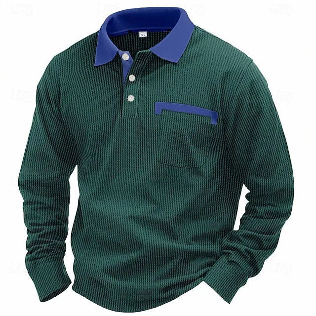 Man wearing a dark green waffle-knit long-sleeved polo shirt with an asymmetric design detail.