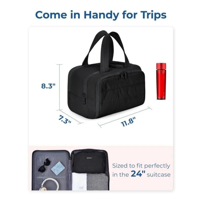 Large lightweight travel toiletry bag in polyester with wide opening, shown in available colours.