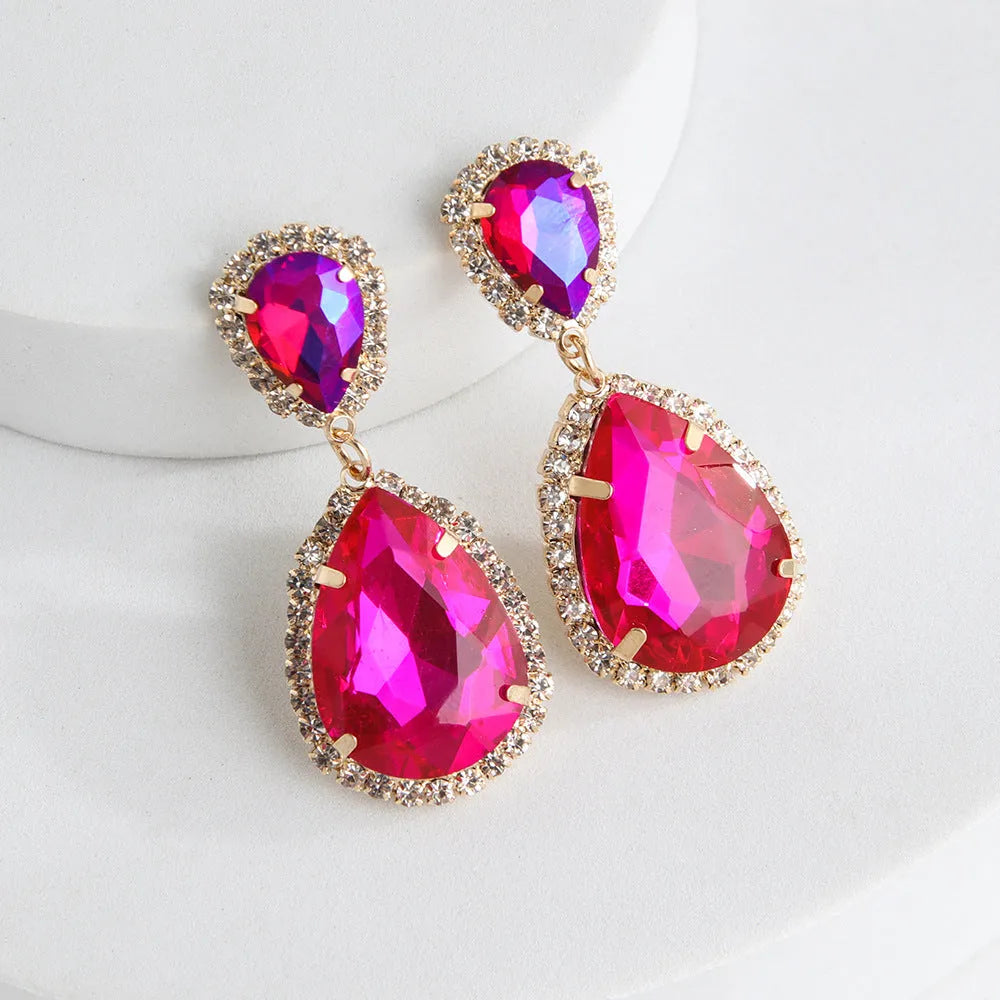 Multi-layer drop-shaped glass rhinestone earrings for women, electroplated metal alloy, available in Rose Red, champagne, and Blue