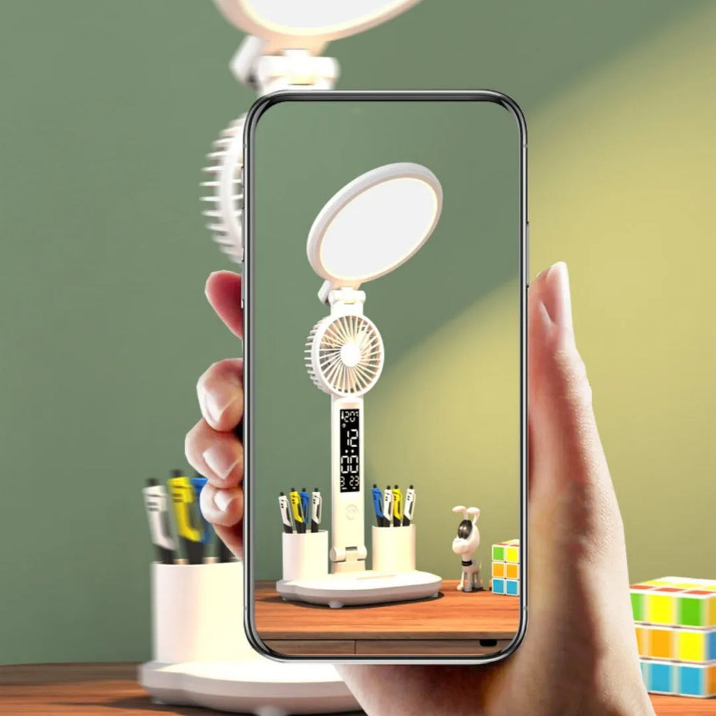 LED clock table lamp with USB rechargeable battery, fan attachment, and digital display on a desk
