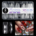 Box of long, shaped false nail tips with glittering diamond texture in various pink and white colours.