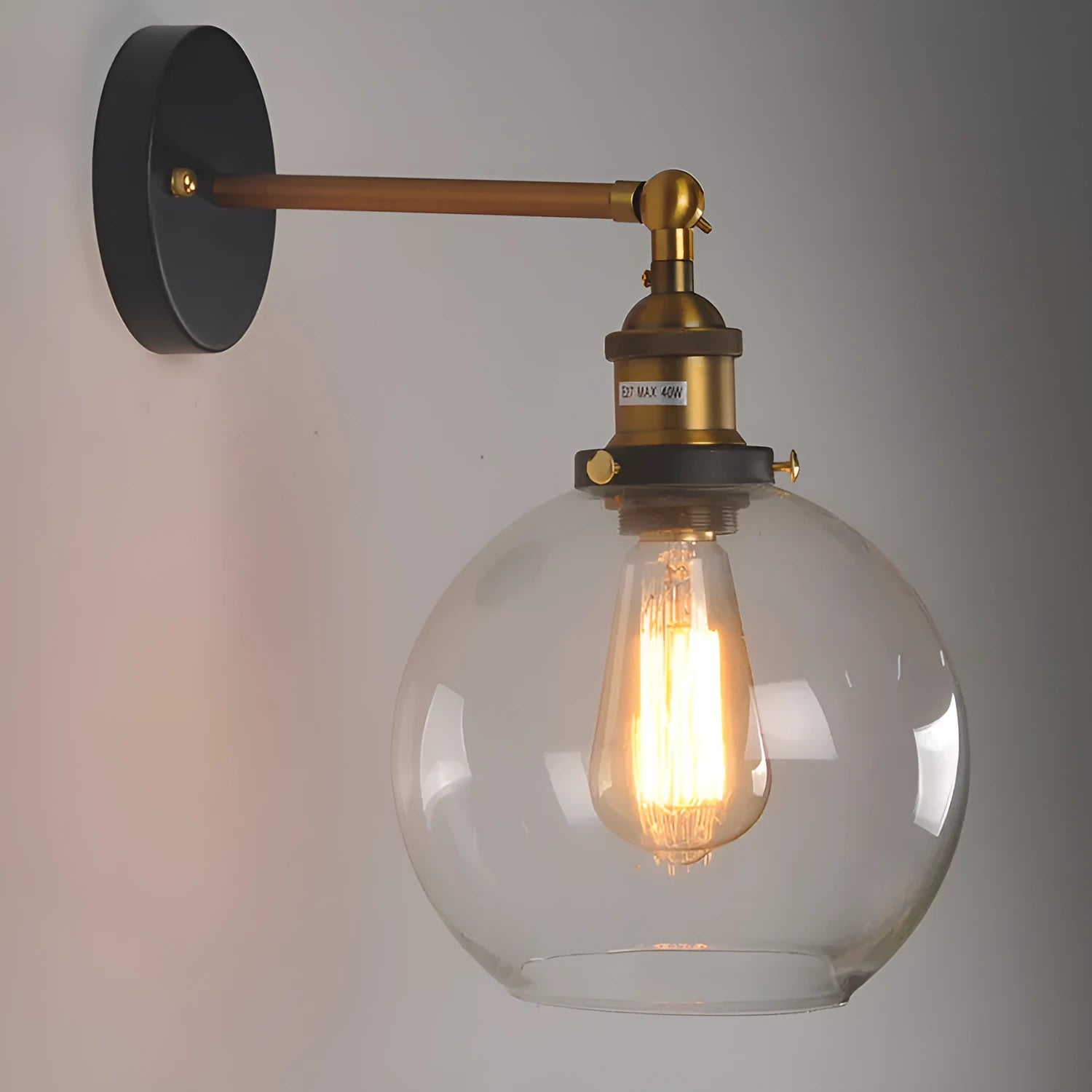 20cm round ball glass wall lamp with aluminium E27 lamp holder in amber, smoky gray or transparent