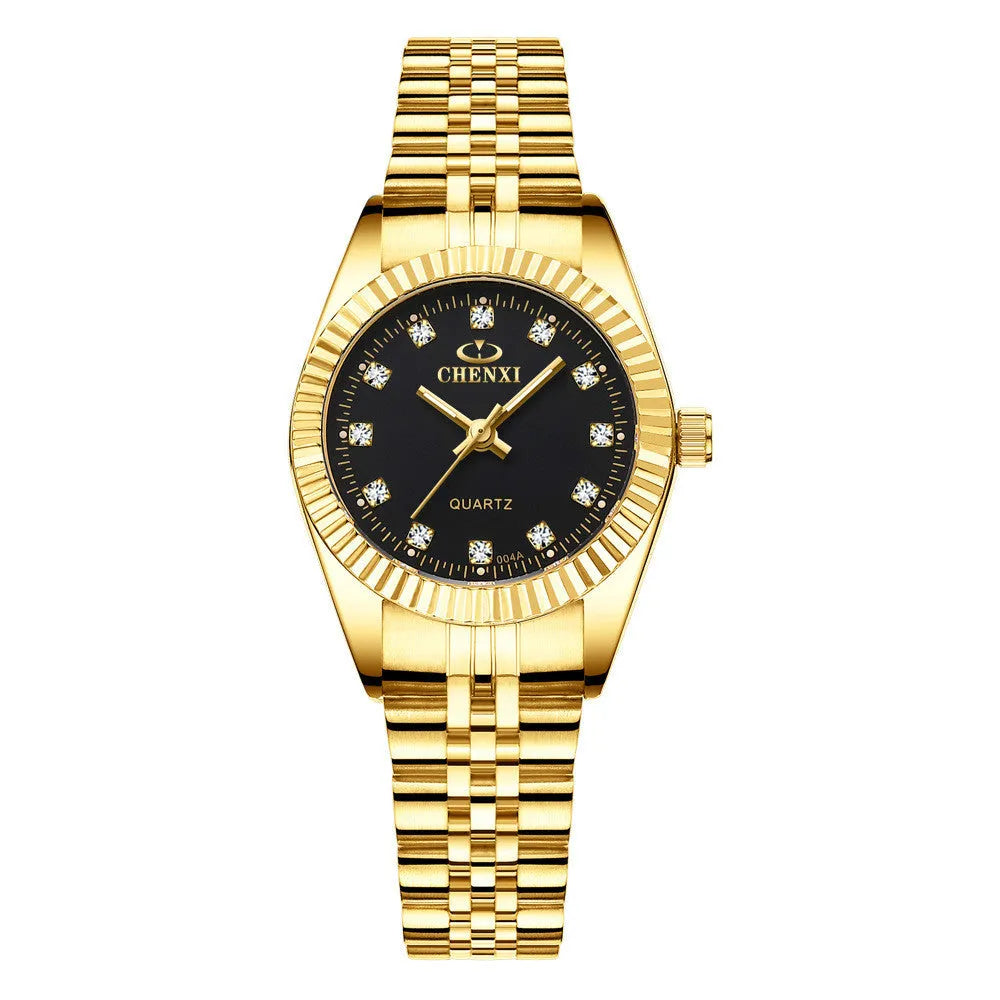 Gold men's quartz wristwatch with stainless steel strap and mineral glass display on a white surface