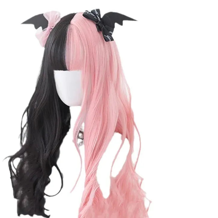 Harajuku Lolita cosplay wig with long black pink curly hair and bangs