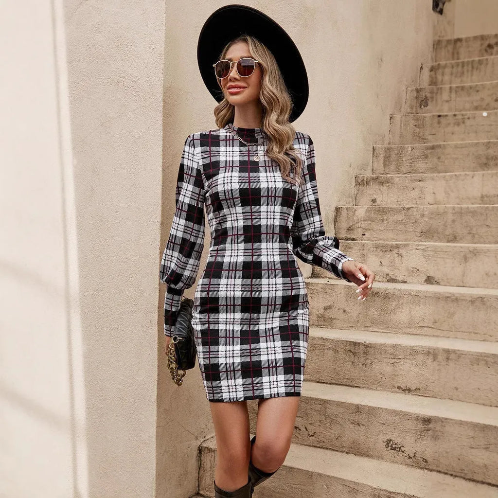 Black tight dress with lantern sleeves and printed design in Japanese Korean casual style